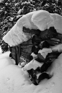 Saints John, cabin, snow, black and white